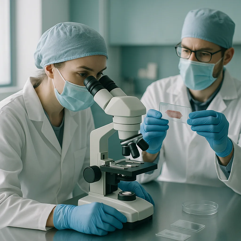 Clinicians reviewing tissue samples in a wound care research lab