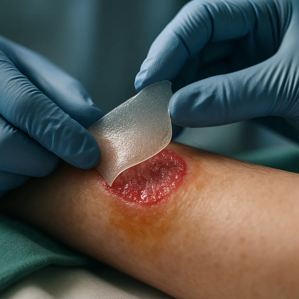 Gloved hands applying a bioactive dressing to a wound with clinical precision